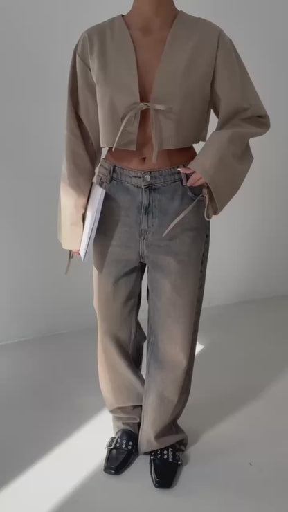 Tie Detail Long Sleeve Beige Blouse