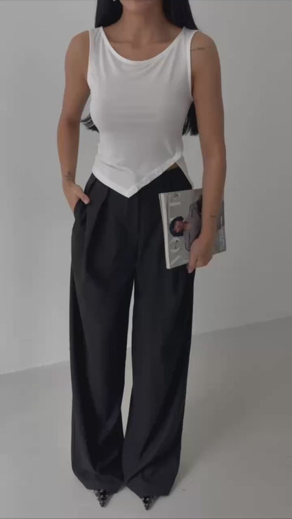 Boat Neck Slit Detail White Blouse