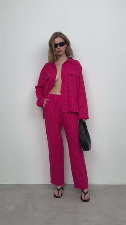 Pocket Fuchsia Shirt Trousers Two Piece Set