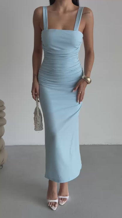 Slit Detail Backless Baby Blue Dress