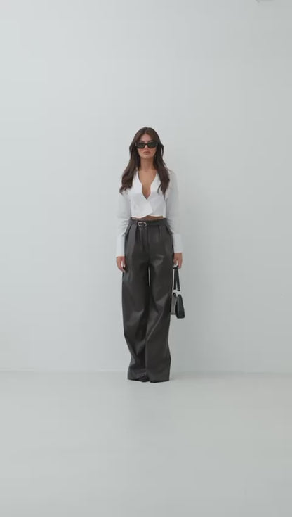 Pleated Wide Leg Black Leather Trousers