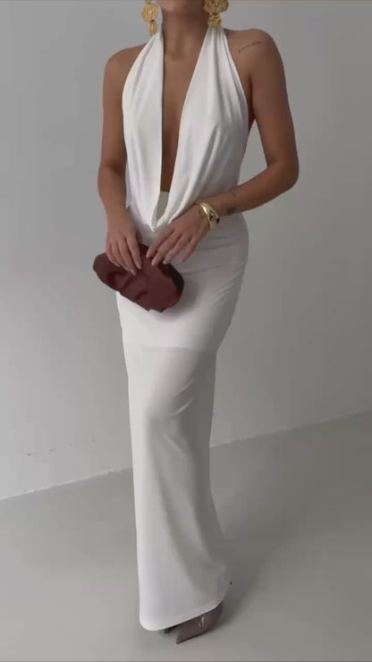 Draped Neckline Deep Cut Maxi Dress