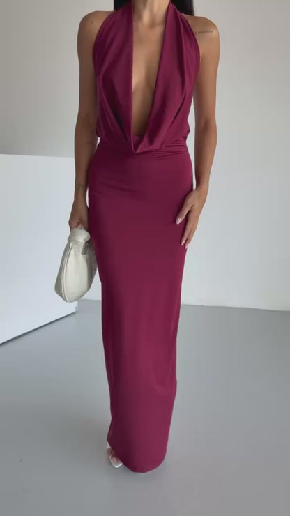 Shawl Collar Low-Cut Burgundy Dress