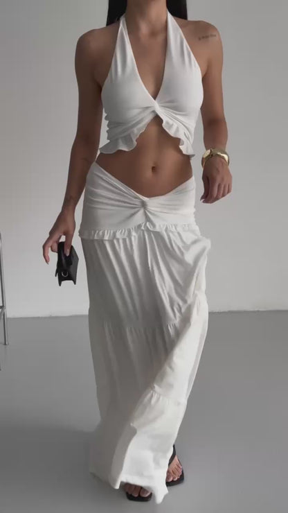 Asymmetric Waist Ecru Skirt with Gathered Detail