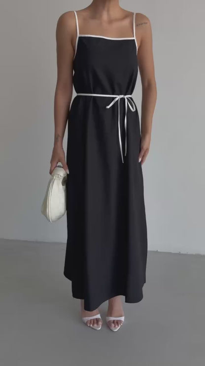 Stripe Detail Linen Maxi Black Dress