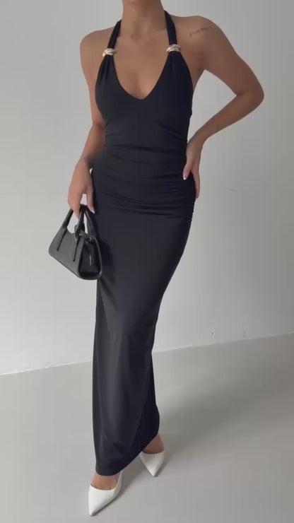 Adjustable Strap Maxi Dress with Gold Ring Detail