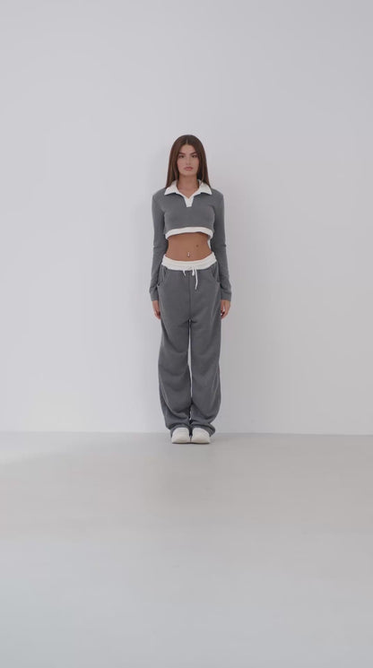 Elastic Waist Garnished Gray Tracksuit