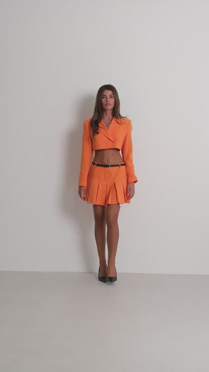 Pleated Skirt Crop Orange Jacket Set