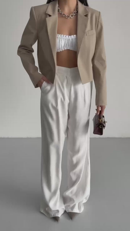 Crop Linen Blazer Beige Jacket