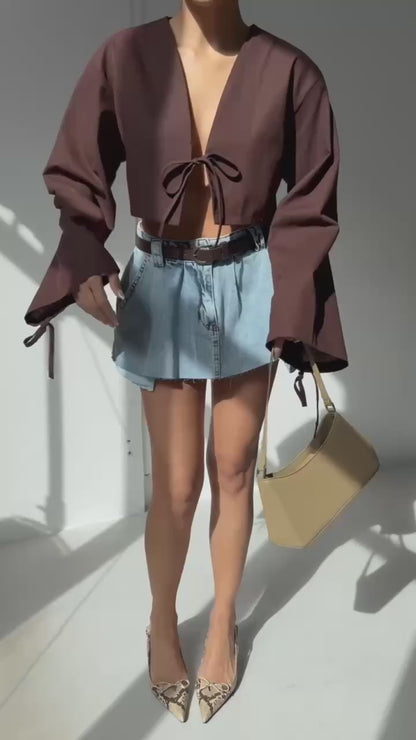 Tie Detail Long Sleeve Brown Blouse