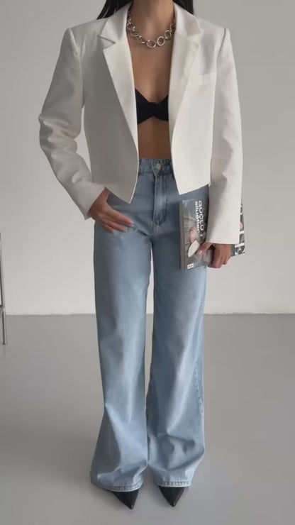 Crop Linen Blazer White Jacket
