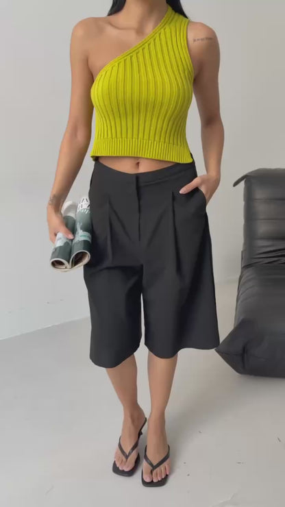 One Shoulder Knitted Green Blouse