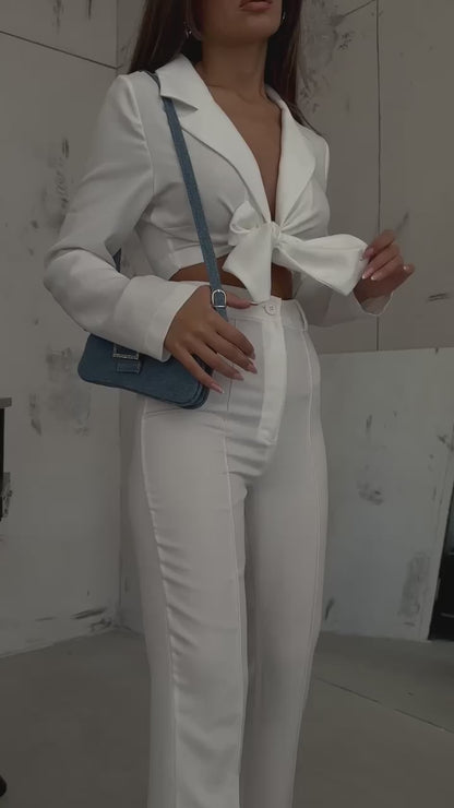 Tied Ecru Crop Jacket Trouser Set