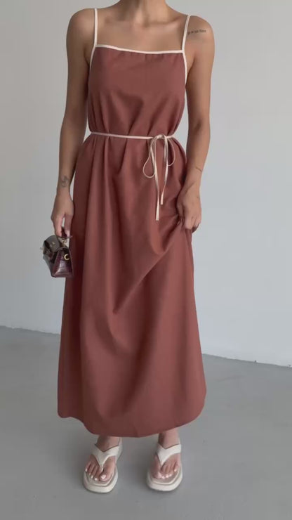 Stripe Detail Linen Maxi Brown Dress