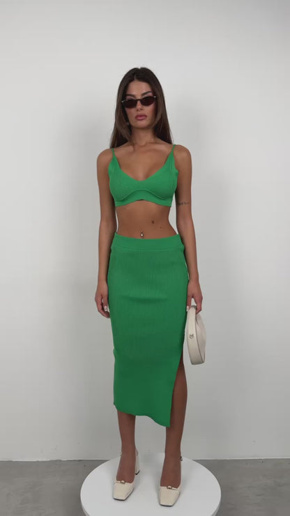 Green Crop Bustier Slit Skirt Set