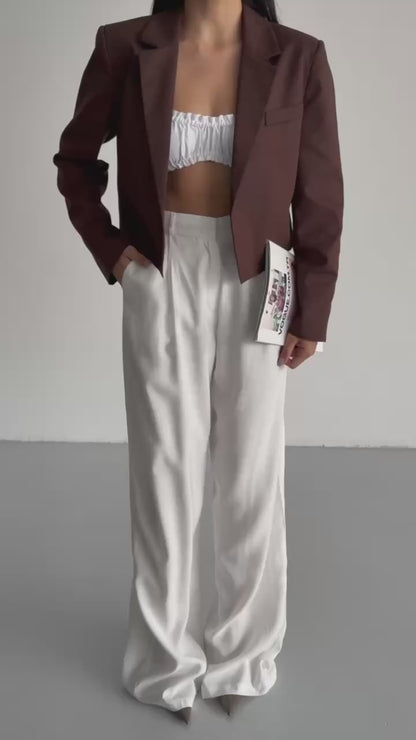 Crop Linen Blazer Brown Jacket