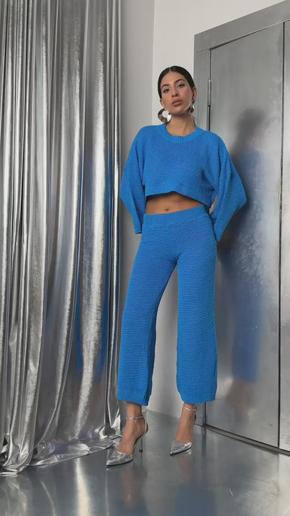 Oversize Knitted Blouse Blue Trousers Set