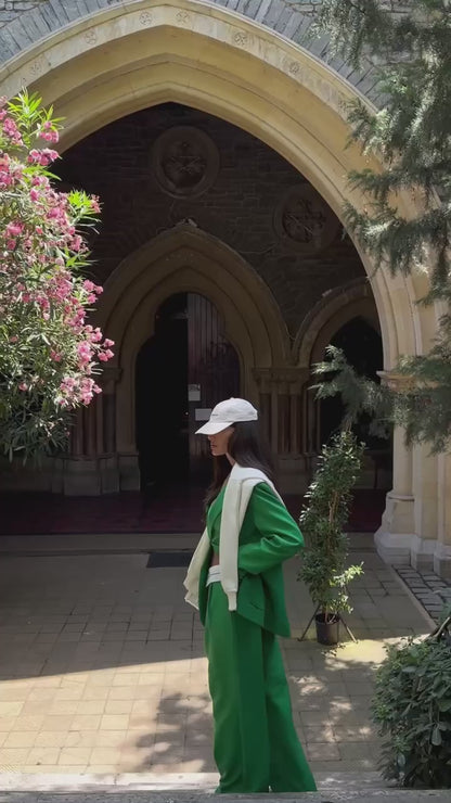 Waist Fold Green Trousers Blazer Jacket Set