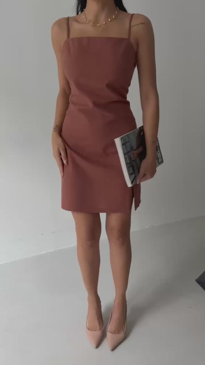 Slit Detailed Linen Mini Brown Dress with Rope Straps