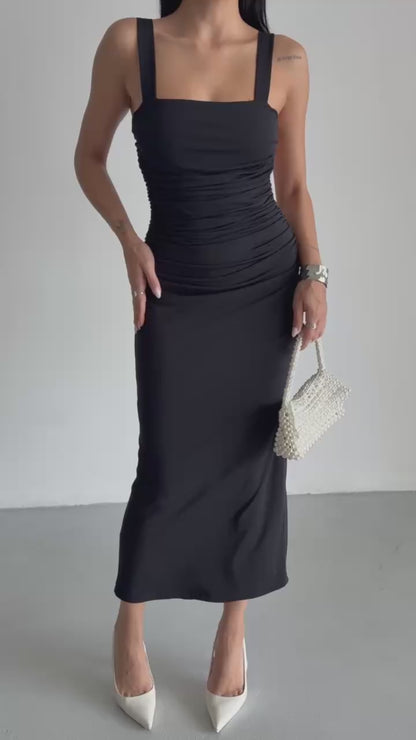 Slit Detail Backless Black Dress