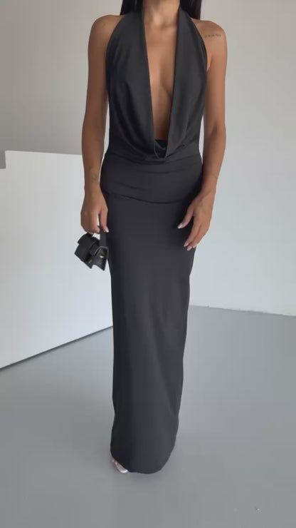 Shawl Collar Low-Cut Black Dress