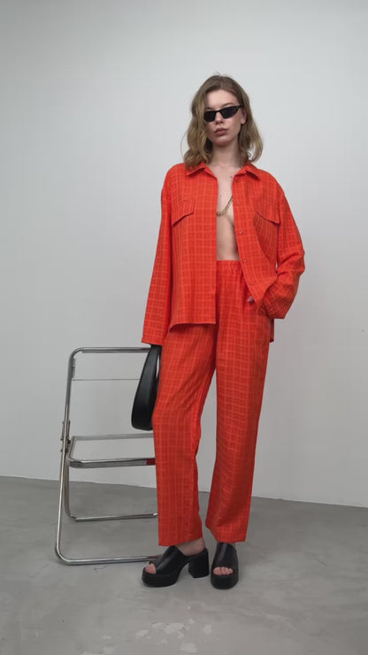 Pocket Orange Shirt Trousers Two Piece Set
