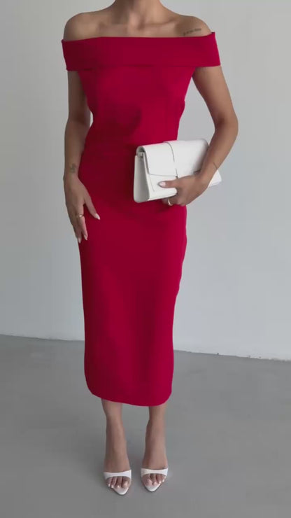 Shoulder Fold Detail Maxi Red Dress