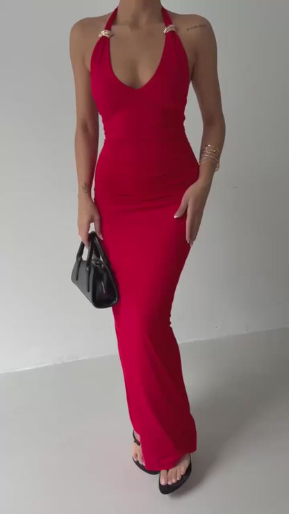 Adjustable Strap Maxi Dress with Gold Ring Detail