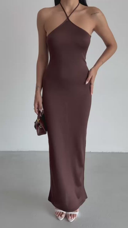 Cross Straps Maxi Brown Dress