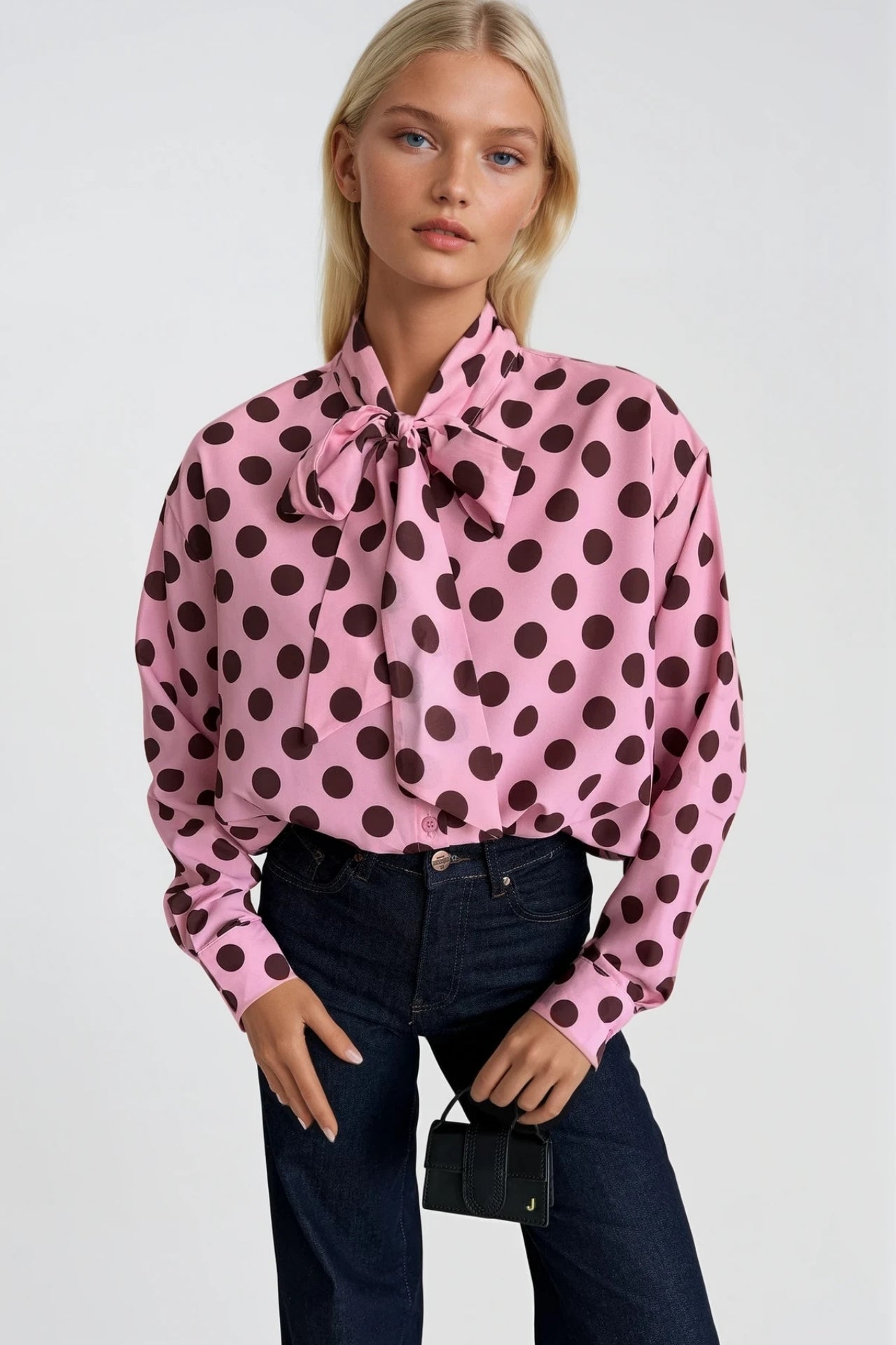 Polka Dot Pattern Scarf Detail Pink Shirt