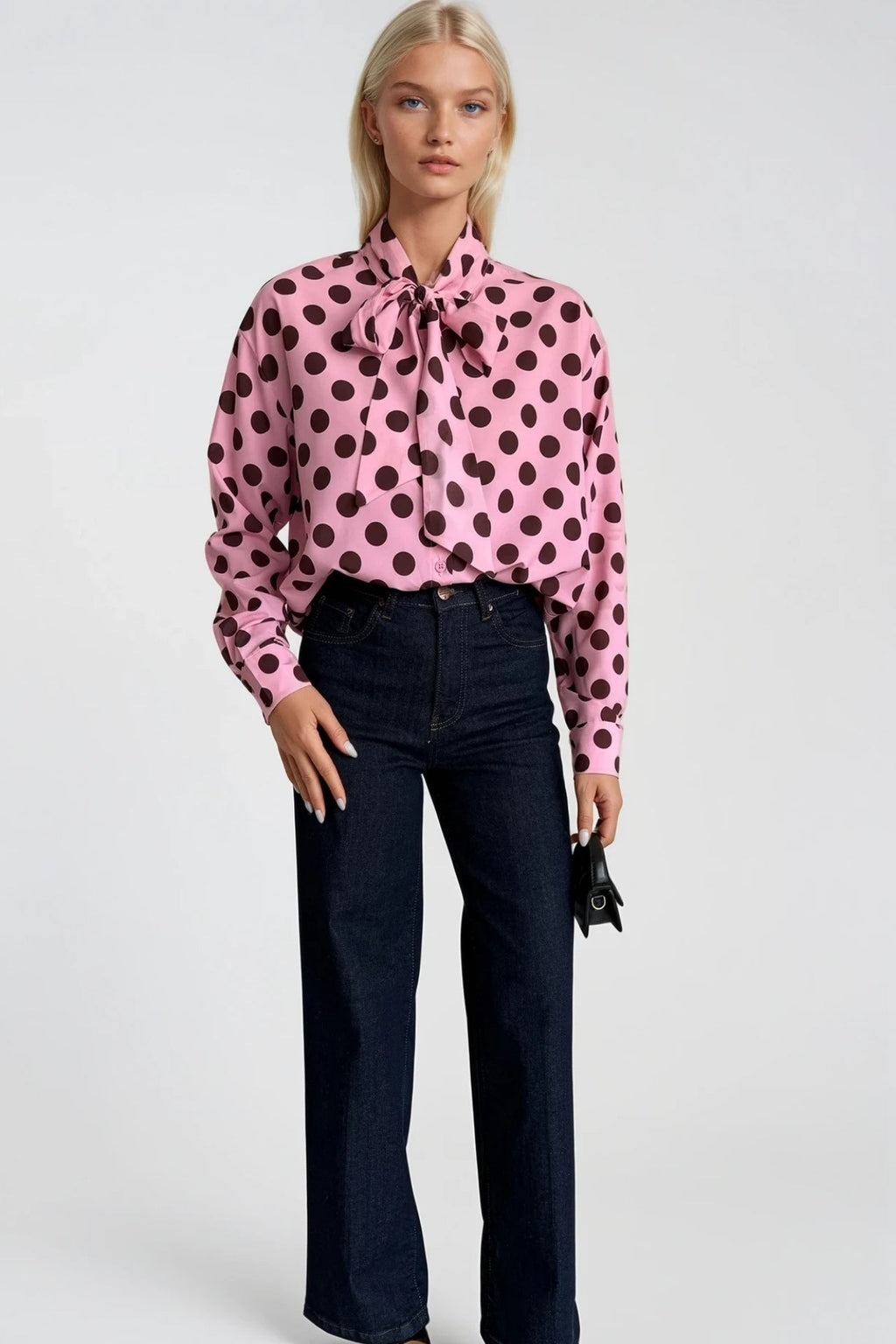 Polka Dot Pattern Scarf Detail Pink Shirt