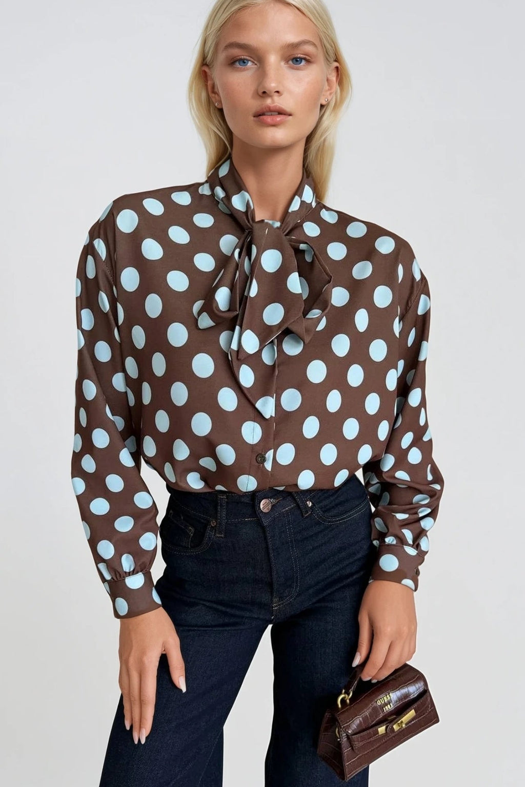 Polka Dot Pattern Scarf Detail Brown Shirt