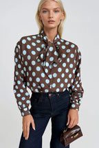 Polka Dot Pattern Scarf Detail Brown Shirt