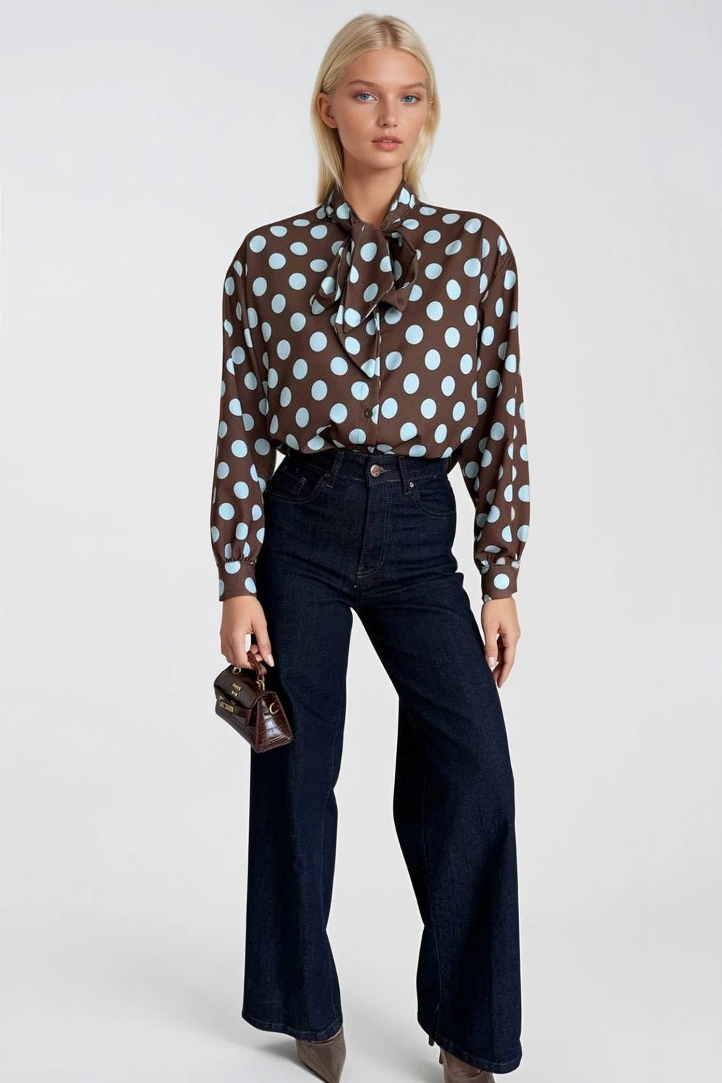 Polka Dot Pattern Scarf Detail Brown Shirt