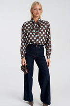 Polka Dot Pattern Scarf Detail Brown Shirt
