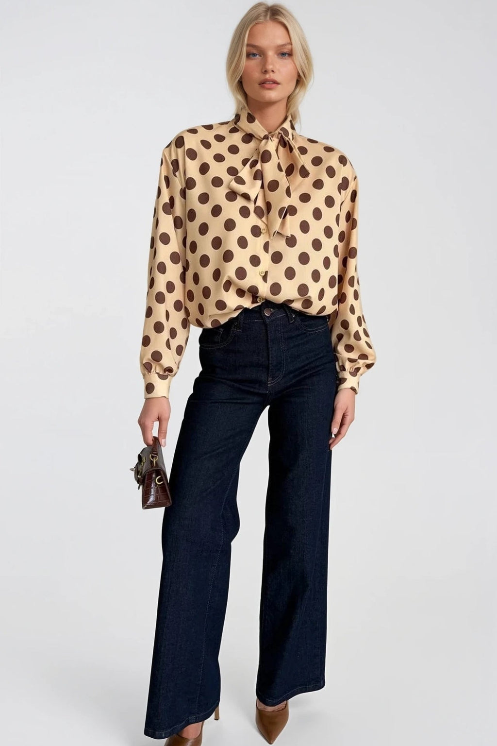 Polka Dot Pattern Scarf Detail Yellow Shirt