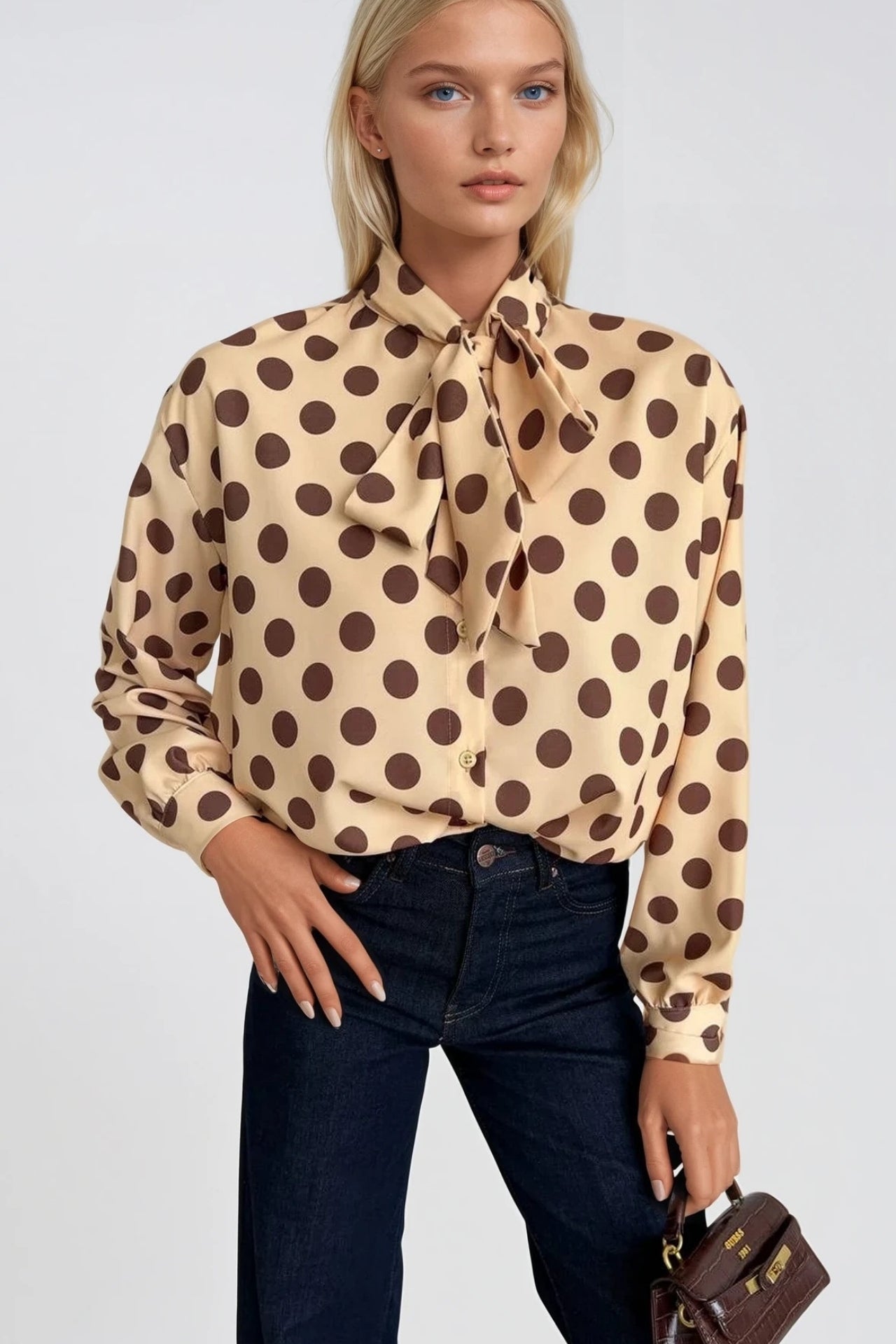 Polka Dot Pattern Scarf Detail Yellow Shirt