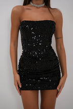Sequined Velvet Skirt Straplez Crop Black Takim