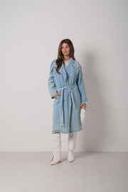 Tassel Detail Light Blue Denim Trench Coat