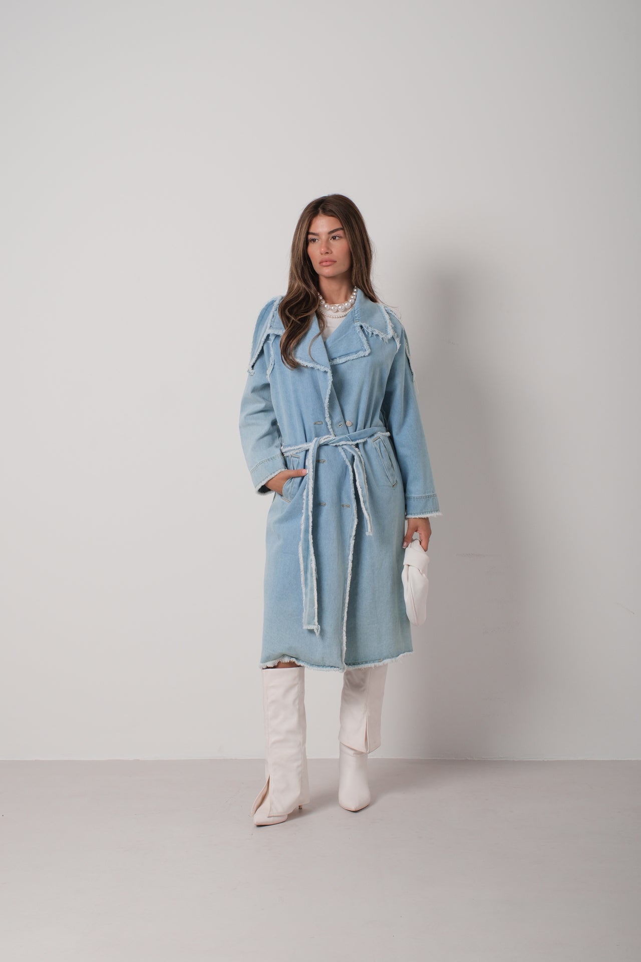 Fringe Detail Light Blue Denim Trench Coat