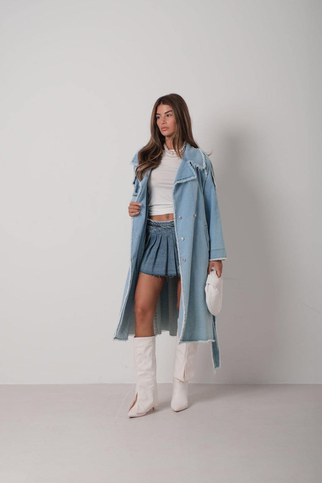 Fringe Detail Light Blue Denim Trench Coat