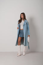 Fringe Detail Light Blue Denim Trench Coat
