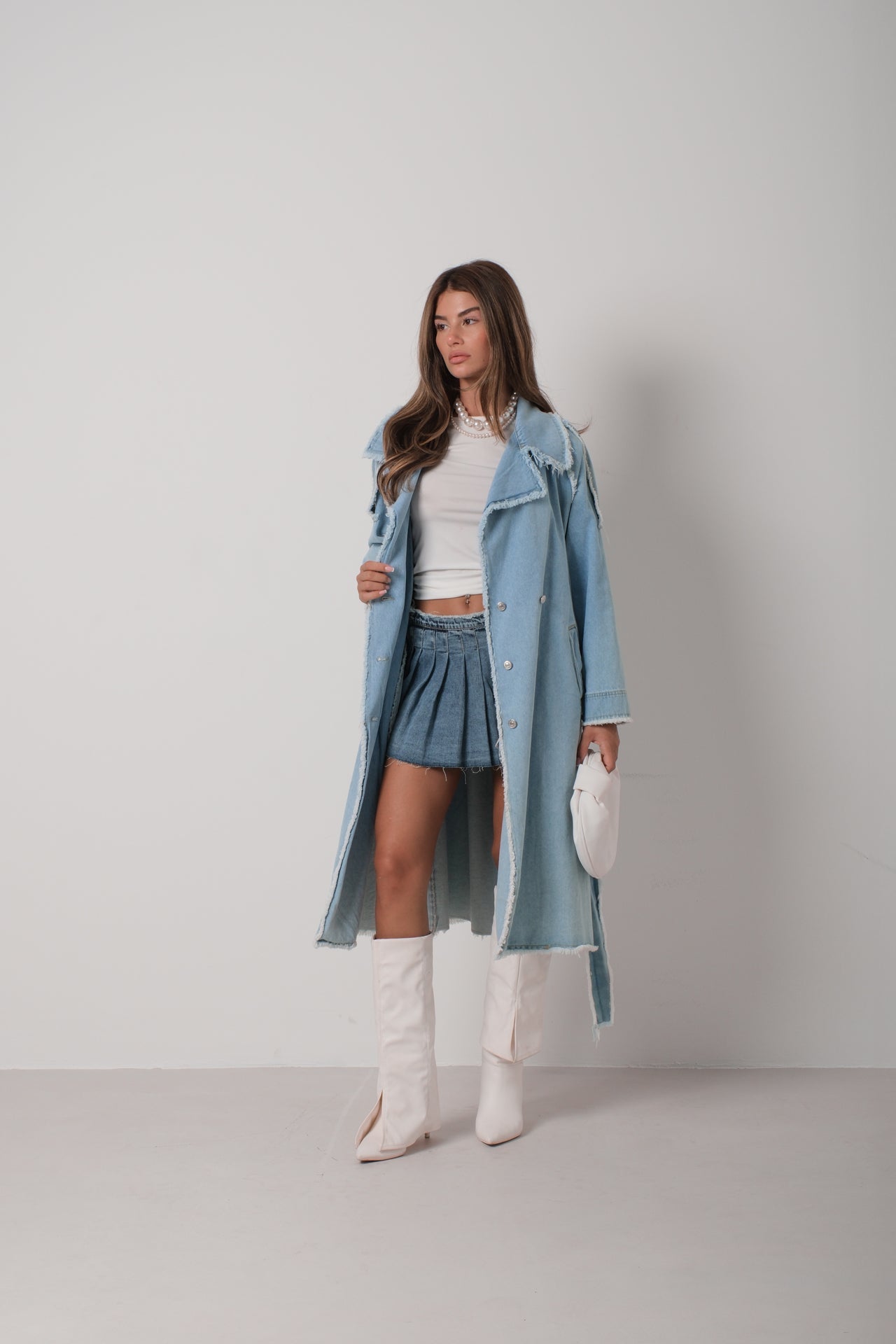 Fringe Detail Light Blue Denim Trench Coat