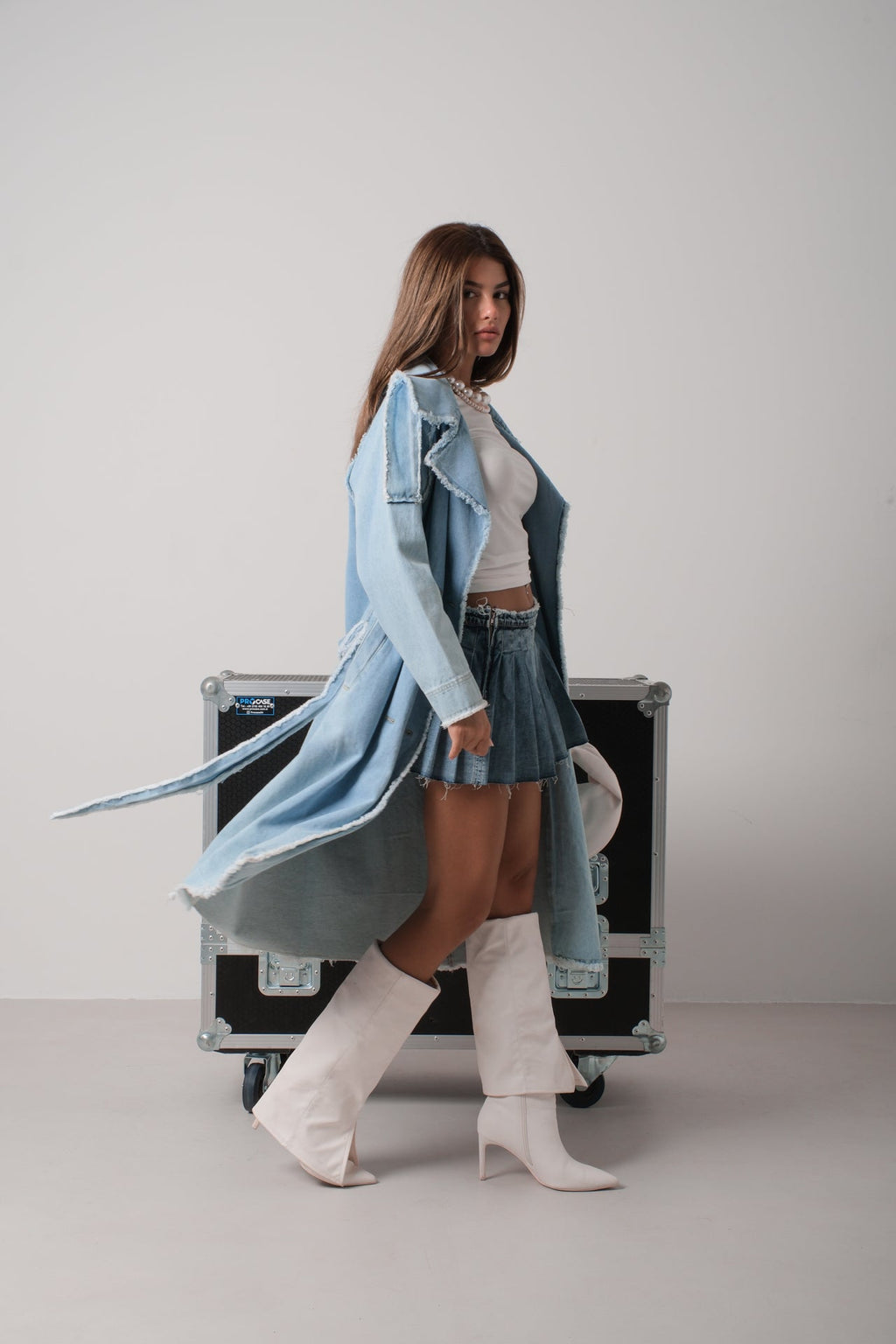 Fringe Detail Light Blue Denim Trench Coat