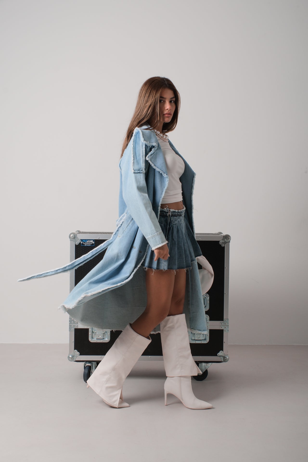 Fringe Detail Light Blue Denim Trench Coat