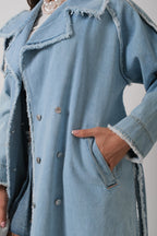 Fringe Detail Light Blue Denim Trench Coat