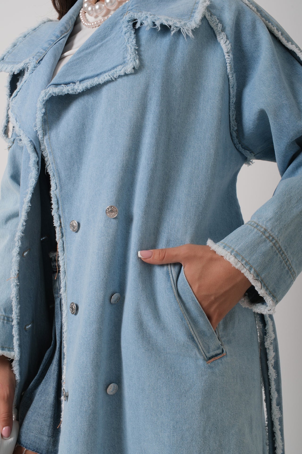 Fringe Detail Light Blue Denim Trench Coat