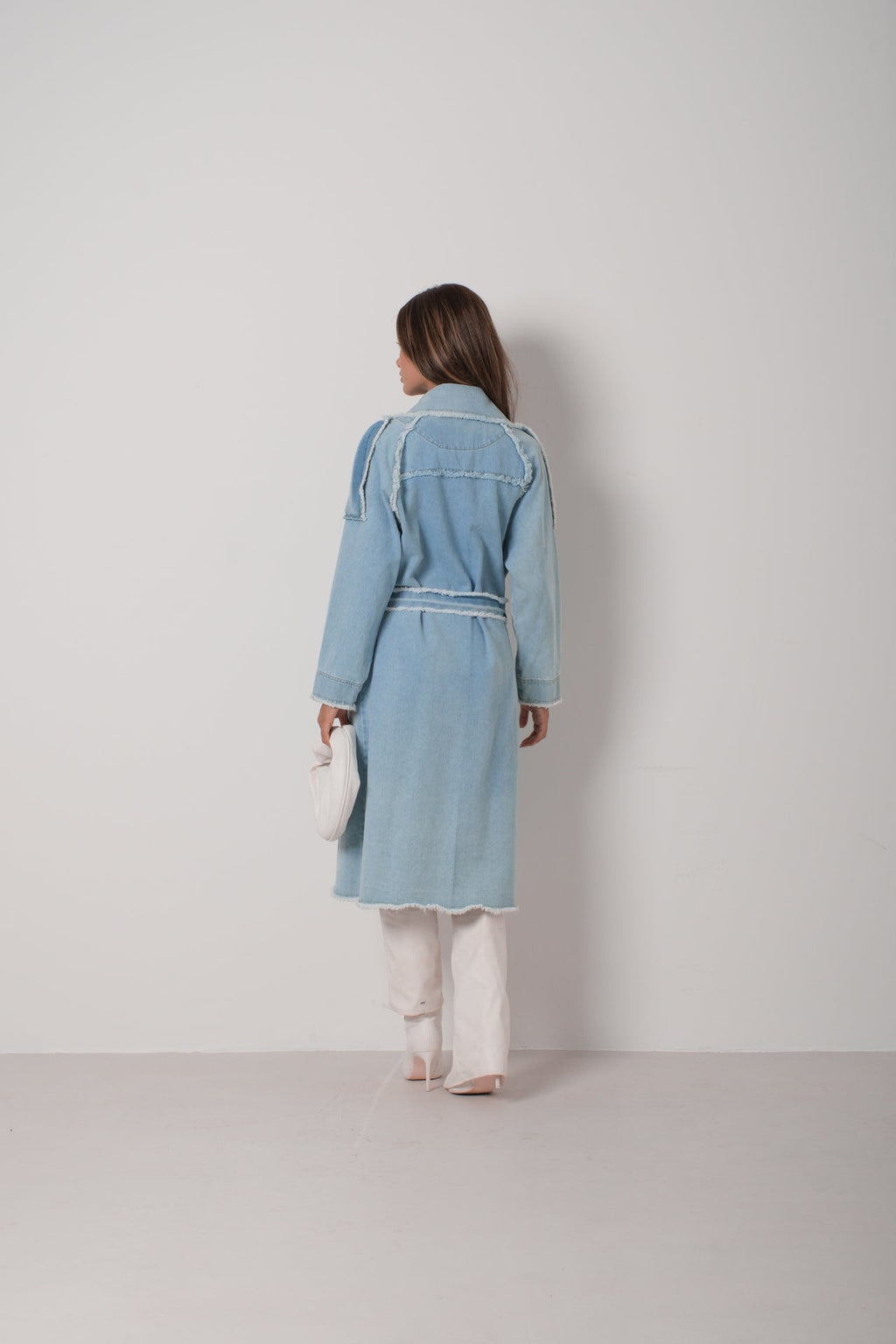 Fringe Detail Light Blue Denim Trench Coat