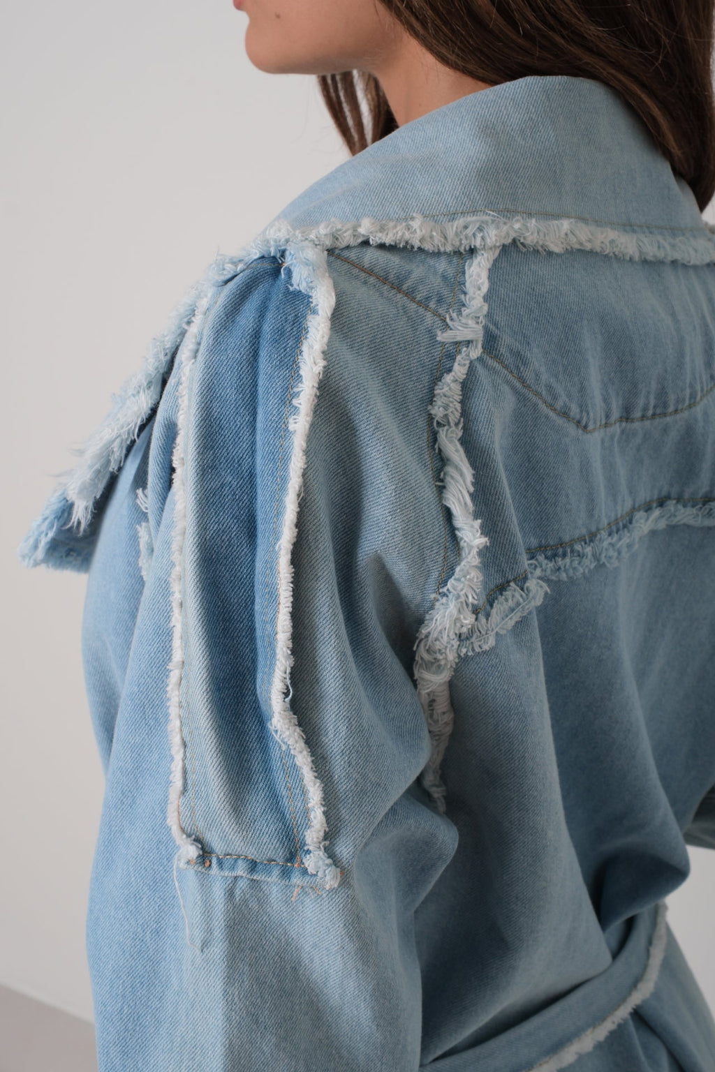 Fringe Detail Light Blue Denim Trench Coat