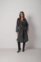 Fringe Detail Gray Denim Trench Coat